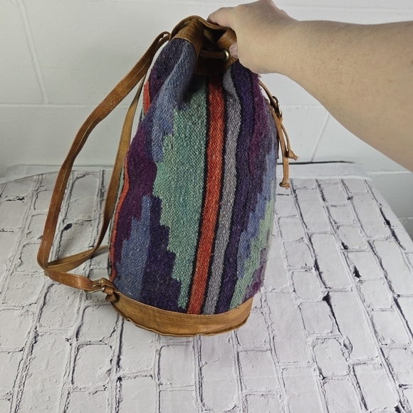 Vtg Handwoven Kilim rug southwestern leather duffle tote bag backpack main image 7